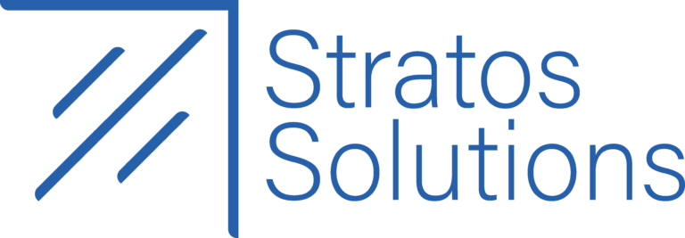 Logo de Stratos Solutions en bleu, avec un symbole graphique minimaliste à gauche et le nom de l’entreprise à droite.